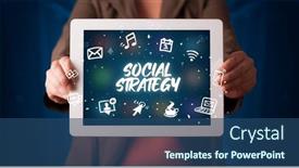  Presentation with social - Slide set having person-holding-tablet-social-network background and a ocean colored foreground