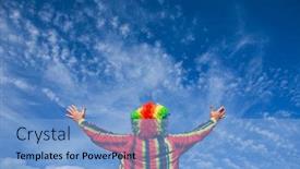  Presentation with rainbow - Beautiful presentation theme featuring person in a rainbow wig and jacket with raised arms against a bl backdrop and a light blue colored foreground