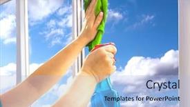  Presentation with spray - Amazing presentation theme having person is cleaning a window backdrop and a light blue colored foreground