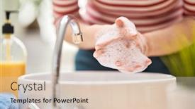  Presentation with hygiene - Amazing PPT layouts having person-is-washing-hands-rubbing backdrop and a lemonade colored foreground