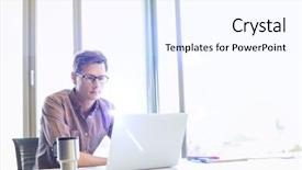  Presentation with desk - Beautiful presentation theme featuring person net connection - mid-adult businessman using laptop backdrop and a cool aqua colored foreground