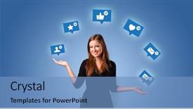  Presentation with political social media - PPT theme featuring person playing with social media background and a teal colored foreground