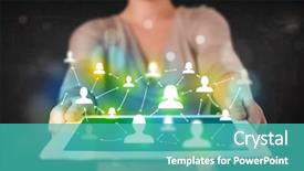  Presentation with social media - PPT theme having person presenting tablet with green background and a  colored foreground