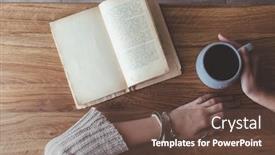  Presentation with reading table - Beautiful presentation design featuring person relaxing while reading book and holding mug with morning coffee or tea on rustic wooden table in cafe warm sweater and boho jewelry on hands hygge weekend scene top view text is blurred backdrop and a tawny brown colored foreground