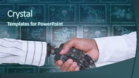  Presentation with medical robot - PPT layouts having person shaking hands against background background and a ocean colored foreground