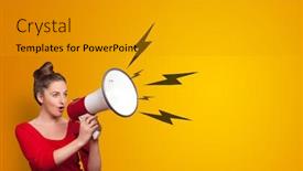  Presentation with lighting - Presentation design with person shouting lighting bolts with megaphone background and a gray colored foreground