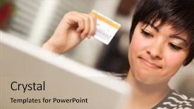  Presentation with credit card - PPT layouts having person spending money - smiling multiethnic woman holding credit background and a mint green colored foreground