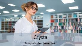  Presentation with university library - Beautiful presentation design featuring person standing in university library backdrop and a  colored foreground