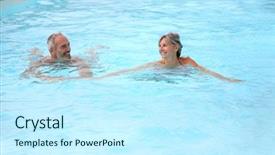  Presentation with active seniors senior couple - Colorful PPT theme enhanced with person swimming - active senior couple in resort backdrop and a cool aqua colored foreground
