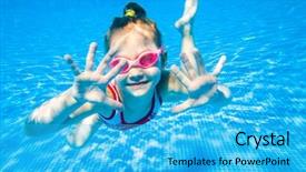  Presentation with swimming beautiful girl swims underwater - Audience pleasing slide deck consisting of person swimming - little girl deftly swim underwater backdrop and a cyan colored foreground