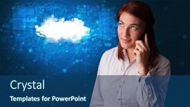  Presentation with blue and yellow phone - Presentation theme having person talking on the phone with blue cloud technology concept background and a ocean colored foreground