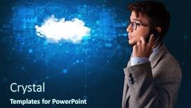  Presentation with cloud technology - Audience pleasing presentation design consisting of person talking on the phone with blue cloud technology concept backdrop and a navy blue colored foreground