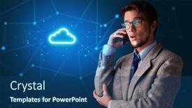  Presentation with blue and yellow phone - Colorful slide deck enhanced with person talking on the phone with blue cloud technology concept backdrop and a ocean colored foreground