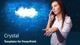  Presentation with blue and yellow phone - PPT theme having person talking on the phone with blue cloud technology concept background and a navy blue colored foreground