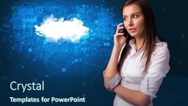  Presentation with blue and yellow phone - PPT theme featuring person-talking-on-the-phone background and a navy blue colored foreground