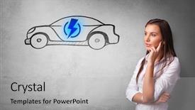  Presentation with electric car - Presentation with person thinking about electric car background and a light gray colored foreground