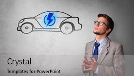  Presentation with electric car - Slide set having person thinking about electric car background and a light gray colored foreground