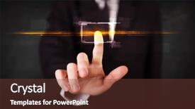  Presentation with tech - Presentation design featuring person touching button with orange background and a tawny brown colored foreground