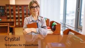  Presentation with library - Cool new slides with person with books in library backdrop and a  colored foreground