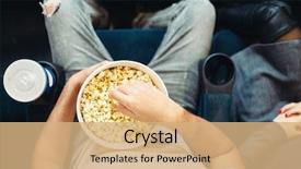  Presentation with cinema - Colorful presentation theme enhanced with person with popcorn in cinema backdrop and a coral colored foreground