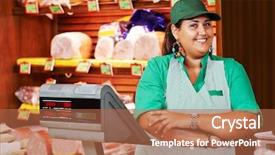  Presentation with retail store - Slide deck with person worker or assistant seller background and a coral colored foreground