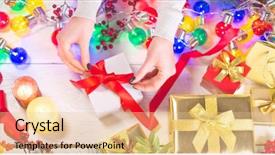  Presentation with christmas gift wrap - Slides having person wrapping christmas gifts boxes background and a lemonade colored foreground