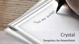  Presentation with writing pen - Amazing slides having person writing invitation on card backdrop and a white colored foreground