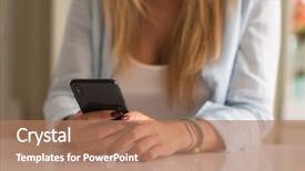  Presentation with smartphone - PPT layouts enhanced with person writting - woman using smartphone at home background and a coral colored foreground