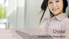  Presentation with secretary - Audience pleasing slide deck consisting of personal assistant - asian secretary writing on diary backdrop and a soft green colored foreground