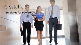  Presentation with walking - PPT theme consisting of personal assistant - professional businesspeople walking in office background and a mint green colored foreground