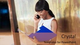  Presentation with american slavery - Amazing presentation design having personal assistant - smiling afro american businesswoman reading backdrop and a  colored foreground