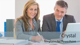  Presentation with people - Cool new PPT theme with personal assistant - two concentrated mature business people backdrop and a light blue colored foreground