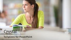  Presentation with university library - PPT layouts consisting of personal best - cute female university highschool student background and a coral colored foreground