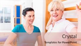  Presentation with older woman - PPT theme consisting of personal best - physio doing leg workout background and a coral colored foreground