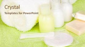  Presentation with personal care products - Slides consisting of personal care products - hotel amenities kit on towel background and a  colored foreground