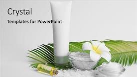  Presentation with cosmetics natural - Cool new PPT theme with personal care products - natural cosmetics and leaf backdrop and a light gray colored foreground