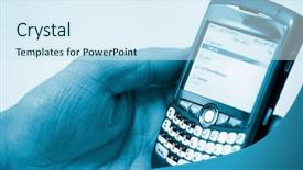  Presentation with cell - Amazing presentation theme having personal data assistant - hand holding pda cell phone backdrop and a sky blue colored foreground