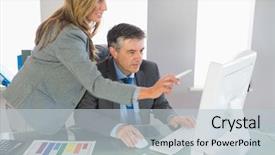  Presentation with personal data - Slide deck consisting of personal data assistant - serious blonde usinesswoman explaining something background and a  colored foreground