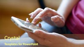  Presentation with mobile phone in woman hand - Colorful slide set enhanced with personal data assistant - woman using her mobile smart backdrop and a  colored foreground