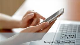  Presentation with mobile phone in woman hand - PPT layouts featuring personal data assistant - woman using her mobile smart background and a  colored foreground