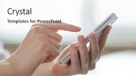  Presentation with mobile home - Slide deck featuring personal data assistant - woman using her mobile smart background and a  colored foreground