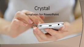  Presentation with mobile home - PPT theme having personal data assistant - woman using her mobile smart background and a  colored foreground