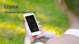  Presentation with mobile phone in woman hand - Presentation enhanced with personal data assistant - woman using her mobile smart background and a  colored foreground