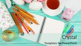  Presentation with notebook - Audience pleasing slide set consisting of personal diary - composition with notebook and pencils backdrop and a arctic colored foreground