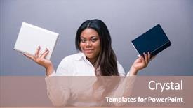  Presentation with book - Presentation design featuring personal digital assistant - african businesswoman choosing between e-book background and a  colored foreground