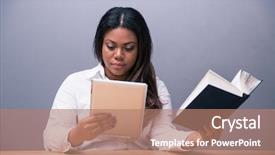  Presentation with paper heart from music book - Amazing PPT layouts having personal digital assistant - african businesswoman choosing between e-book backdrop and a coral colored foreground