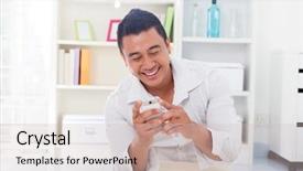  Presentation with cheerful stylish city girl using - Presentation with personal digital assistant - cheerful asian male using smartphone background and a soft green colored foreground