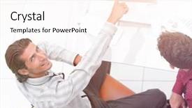  Presentation with employees working together - Cool new PPT theme with personal digital assistant - employees work on computers backdrop and a  colored foreground