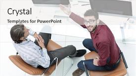  Presentation with employees working together - PPT theme having personal digital assistant - employees work on computers background and a  colored foreground