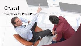  Presentation with employees working together - Audience pleasing slide set consisting of personal digital assistant - employees work on computers backdrop and a  colored foreground